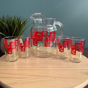 Federal Glass Co Set Juice Pitcher and Glasses Art Deco Red Yellow Mid Century